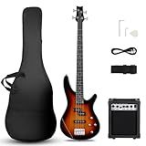 Ktaxon Electric Bass Guitar 4 String Bass Guitar with 20 Watt Amplifier, PJ Type Pickup, Naturally air-dried Maple Neck, Rosewood Fretboard, Basswood Body(Sunset)