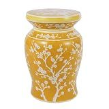 JONATHAN Y Cherry Blossom Ceramic Garden Stool 17.75" Chinoiserie Floral Drum Side Table for Patio and Living Room, Indoor Outdoor Plant Stand, Traditional, Yellow/White TBL1017E