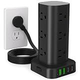 Power Strip Tower with Multiple Outlets, Flat Plug Surge Protector Tower Extension Cord with 12 AC Outlets 4 USB Ports (2 USB C), 6FT Cord Power Tower Surge Protector for Home Office Dorm Room, Black