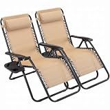 Sweetcrispy Zero Gravity Chairs, Set of 2 Portable Recliner Beach Camping Patio Outdoor Folding Lounge Chair with Cup Holder Trays and Adjustable Pillow for Poolside, Garden, Backyard, Lawn, Khaki