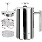 Secura French Press Coffee Maker, 304 Grade Stainless Steel Insulated Coffee Press with 2 Extra Screens, 17oz (0.5 Litre), Silver