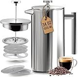 Utopia Kitchen 304 Grade Stainless Steel French Press Coffee Maker 34 Oz, Double Wall Insulated Coffee Press with 4-Level Filtration System, Include 2 Extra Filters, Rust-Free, Dishwasher Safe, Silver