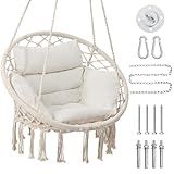 KROFEM Macrame Hammock Hanging Swinging Chair with Medium Cushion, Perfect for Bedroom, Porch, Adults, Balcony, Beige