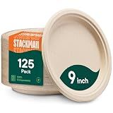 100% Compostable Paper Plates, Heavy Duty Disposable Plates [125-Pack] 9 Inch Plates - Eco-Friendly, Biodegradable Sugarcane Bagasse, Natural Unbleached Brown 9" Dinner Paper Plate Disposable