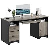 Bestier 59” Executive Desk with 2 Drawers, Computer Desk with Storage Cabinet, Industrial Wood Desk with File Drawer, Keyboard Tray & 2 Pedestals for Home Office & Studio, Gray