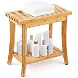 VEVOR Bamboo Shower Bench, 19in Waterproof Shower Stool Chair with Storage Shelf Non-Slip Foot Pads, 330lbs Load Capacity Shower Chair Seat, for Bathroom Indoor and Outdoor Use