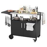Vongrasig Outdoor Grill Cart, Patio Kitchen Island with Storage, Outdoor Bar Table BBQ Cart Pizza Oven Table with Foldable Stainless Steel Top & Wheels, Black