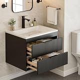 24 Inches Modern MDF Bathroom Vanity with Sink, Wall Mounted Floating Cabinets w/Double Drawers, Black Handles, White Resin Sink Combo Set (Black, 24")