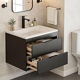 24 Inches Modern MDF Bathroom Vanity with Sink, Wall Mounted Floating Cabinets w/Double Drawers, Black Handles, White Resin Sink Combo Set (Black, 24")