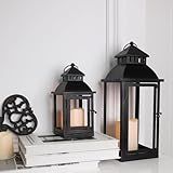 DECORKEY LED Lanterns Decorative Outdoor&Indoor, Set of 2 (17’’&11’’) Large Black Metal Lantern Decor with bronze brush, Candle Holder for Porch, Patio, Garden, Balcony, Wedding Decorations (No Glass)