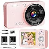 Digital Camera, 4K 64MP, 18X Zoom, Point and Shoot Digital Camera with 64GB SD Card & 2 Batteries, Portable Rechargeable Small Camera for Kids Teens Adult, Pink