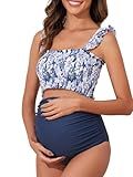 Summer Mae Maternity High Waist Bikini Swimsuit Two Piece Ruffled Hem Cute Bathing Suit Floral Pregnancy Swimwear Dewdrop Blooms Small