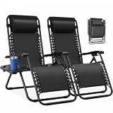 NEWBULIG Zero Gravity Chairs Set of 2, Lounge Chair Folding Portable Adjustable Camping Reclining Chairs with Adjustable Pollow, Mesh Back, Cup Holder Trays Lawn Patio Chair for Pool Beach