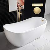 WOODBRIDGE 67" Acrylic Freestanding Bathtub Contemporary Soaking White Tub with Brushed Gold Overflow and Drain,B0001 -BG-Drain &O