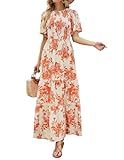ZESICA Women's 2025 Summer Casual Floral Print Short Flutter Sleeve Crew Neck Smocked High Waist Flowy Maxi Dress,Tangerine,Medium