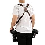 Double Camera Strap,Camera Shoulder Strap for Two Cameras,Adjustable Leather Double Camera Harness Brown