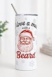 San Tan Printing 20 oz Stainless Steel Holiday Tumbler with Santa Beard Design, Insulated Double Wall, Spill-proof Lid and Steel Straw, 'I love a man with a Beard' with Snowflakes, Christmas Theme