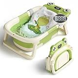 BUNWAG Baby Bathtub, Collapsible Newborn Bathtub for Infant to Toddler with Soft Cushion and Thermometer,Portable Travel Newborn Tub with No-Slip Feet, Baby Shower Gifts, 0-12 Months Baby Bath, Green