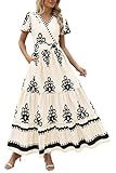 PRETTYGARDEN Womens 2025 Summer Casual V Neck Boho Maxi Dress Flowy Aline Bell Sleeve Tiered Floral Dresses with Pocket (Floral Apricot Black,Medium)