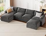Sectional Couches for Living Room 119.6 Inch U Shaped Cloud Couch Modular Sofa Deep Seat 6-Seat Velvet Convertible Sleeper Sofa Chaise Padded Armrests Cup Holder (Grey, 116Inch-1)