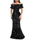 dasmzper Sequin Maxi Evening Gown for Women, Stretch Slim Fit Short Sleeve V-Neck Fully Lined Bodycon Formal Dress Black