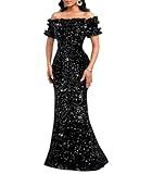 dasmzper Sequin Maxi Evening Gown for Women, Stretch Slim Fit Long Sleeve V-Neck Fully Lined Bodycon Formal Dress Black