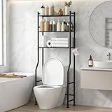 GloTika 3-Tier Over Toilet Storage with Anti-Tilt Safety System - 150lb Total Capacity Metal Bathroom Shelves Including Paper Holder & 4 Hooks, Space Saving Above Commode Organizer (64" H, Black)