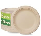 GreenWorks 100 Count 6“ Small Compostable Dessert Plates, Heavy-duty Unbleached Biodegradable Bagasse and Bamboo fiber Paper Plates
