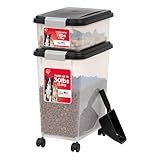 IRIS USA Dog Food Storage Container, 30 lbs & 11 lbs Combo, Cat Food Storage Container, Dog Treat Container, Airtight, Stackable, 2-Cup Scoop, Wheels, Easy Mobility, Black