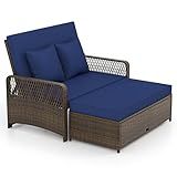 Tangkula Patio Rattan Daybed with 4-Level Adjustable Backrest, 2-Person Outdoor Wicker Loveseat with Storage Ottoman & Soft Cushions, Double Sunbed Lounger for Backyard, Porch, Poolside (Navy)