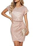 GRACE KARIN Ruffle Sleeve Elastic Waist Sequin Dress for Women 2024 Cocktail Evening Party Sparkly Dresses Rose Gold XL