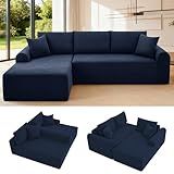 103'' Modular Sectional Sofa Cloud Couch Sectional with L-Shape Chaise, Modern Corduroy Modular Couch Sofa Bed with Throw Pillows, No Assembly Needed for Living Room, Left Facing Chaise, Navy Blue