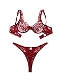 Foxiny Sexy Scallop Floral Lace Mesh Sheer Underwire Lingerie Set 2 Piece Women Push Up Matching Bra Panty Underwear Burgundy Red Medium
