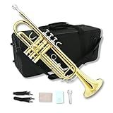 WUQIMUSC Bb Trumpet for Beginners, Standard B Flat Trumpet with 7C Mouthpiece, Hard Case, Gloves & Cleaning Cloth, Student Brass Instrument (Golden)