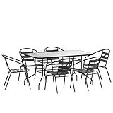 Flash Furniture Lila 7-Piece Glass Patio Table and Chairs Set, Outdoor Patio Dining Set with Rectangular Table and 6 Slat Back Patio Chairs, Black