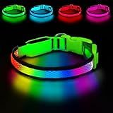 PWOD LED Dog Collar, Light Up Dog Collar USB Rechargeable, Nylon Adjustable Comfortable Soft Bright RGB 7 Colors Changeing Safety Light Glowing Collar for Medium and Large Dogs(Large,Green)