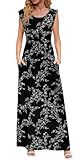 DB MOON Womens 2025 Maxi Dresses Empire Waist Long Sun Dress Casual Cap Short Sleeve Sundress with Pockets S, Black Floral 01