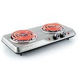 OVENTE Electric Countertop Double Burner, 1700W Cooktop with 6" and 5.75" Stainless Steel Coil Hot Plates, 5 Level Temperature Control, Indicator Lights and Easy to Clean Cooking Stove, Silver BGC102S