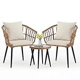 DUMOS 3 Pieces Outdoor Bistro Set, All-Weather PE Rattan Patio Furniture Set with Cushions, Steel Frame Table and Chairs for Balcony, Apartment, Porch, Beige