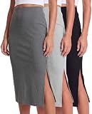 3 Pack Women's Ribbed Midi Skirts High Waisted Pencil Knee Length Work Slit