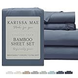 KARISSA MAE Cooling Bamboo Viscose King Size Sheet Set | 100% Organically Grown | 18” Deep Pocket | Silky, Soft, & Hypoallergenic | with Organizer Band & Elastic Corner Straps [Slate Blue]