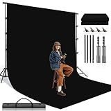 BEIYANG 8.5X10 FT Photo Background Stand with 10X12 FT Black Backdrop Screen, Adjustable Background Holder Support System Kit for Photography Video, Parties Decoration with Carry Bag & Clamps