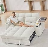 Auvsoce 65'' Convertible Queen Size Sleeper Sofa Bed.Modern Chenille Fabric Sofa with Pull Out Bed and 360 Degree rotatable Side Table for Living Room,RV, Trailer, Basement, Big Horn (Beige)