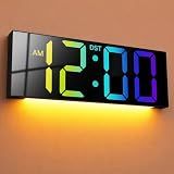 JALL Digital Wall Clock Large Display with Big LED Numbers, Remote Control, 8 RGB Colors, Auto DST, Night Light for Classroom Living Room Bedroom Birthday Gift for Senior, Men Women (Black)