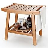 Bamboo Shower Bench for Inside Shower to Sit on,Waterproof Shower Stool for Shaving Legs,Spa Bathroom Shower Chair with Storage Shelf, Bathroom Bench Seat-Natural Bamboo