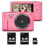 T TAKMLY Digital Camera 5K, Autofocus 16x Zoom 72MP Point and Shoot Cameras Compact Portable with Flash for Kids Boys Girls Teens Students, Anti Shake 2.8'' Screen, 64GB Card Include, Pink
