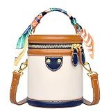 SYHTBYOH Mini Bucket Crossbody Bags for Women Vegan Leather Small Retro Shoulder Round Handle Handbag Purses with Adjustable (Blue)
