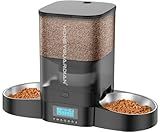 HoneyGuaridan Automatic Cat Feeder for Two Cats, Food Dispenser with Stainless Steel Bowl,Timed Cat Feeder Programmable 1-6 Meals Control, Dual Power Supply,10s Meal Call Black