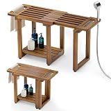 BLUEWEST Adjustable Shower Bench Stool for Inside Shower – 31.7'' Wood Bathroom Bench with Storage Shelf, Built-in Handle & Shower Head Holder, Waterproof Spa Bath Seat for Shaving Legs
