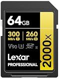 Lexar 64GB Professional 2000x SD Card, UHS-II, C10, U3, V90, Full HD, 8K, Up To 300MB/s Read SDXC Memory Card, for DSLR, Cinema-Quality Video Cameras (LSD2000064G-BNNNU)